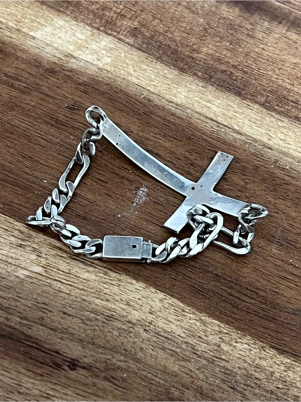 Vintage Sterling Silver Large Sideways Cross Bracelet Italian Figaro Link Chain